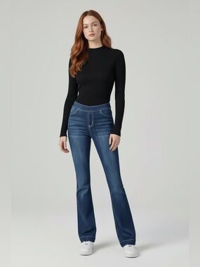 Blue Dark Wash Pull On Flare Ultra Stretchy Denim Jegging Long Jeans
